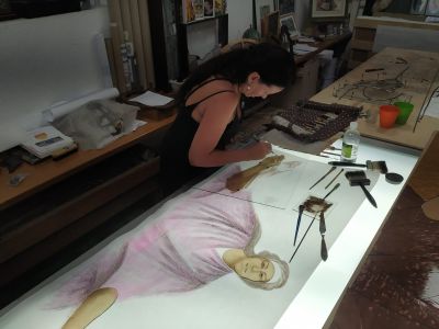 Working on the glass painting, Girona 2022