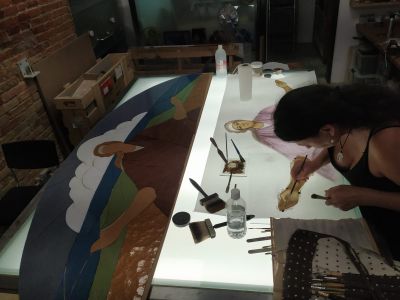 Working on the glass painting, Girona 2022